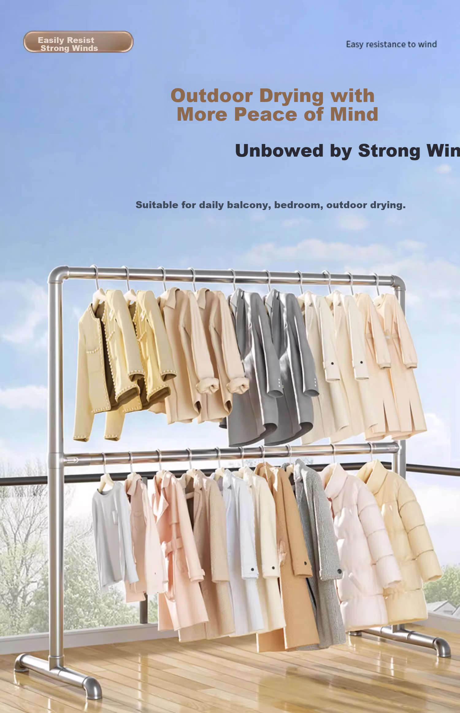 Baoyouni Steel Pipe Clothes Drying Rack, Floor-Standing Outdoor Simple Balcony Bedroom Clothes Hanger, Double-Layer Water Pipe Quilt Drying Device, Customizable 12