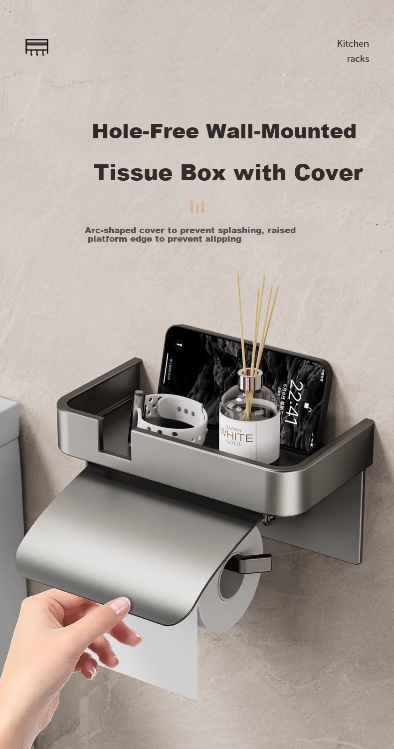 JEPPE Bathroom Tissue Box Holder, Wall-Mounted Toilet Space Aluminum Tissue Dispenser, No Drilling Required, Toilet Paper Roll Holder, Waterproof 1