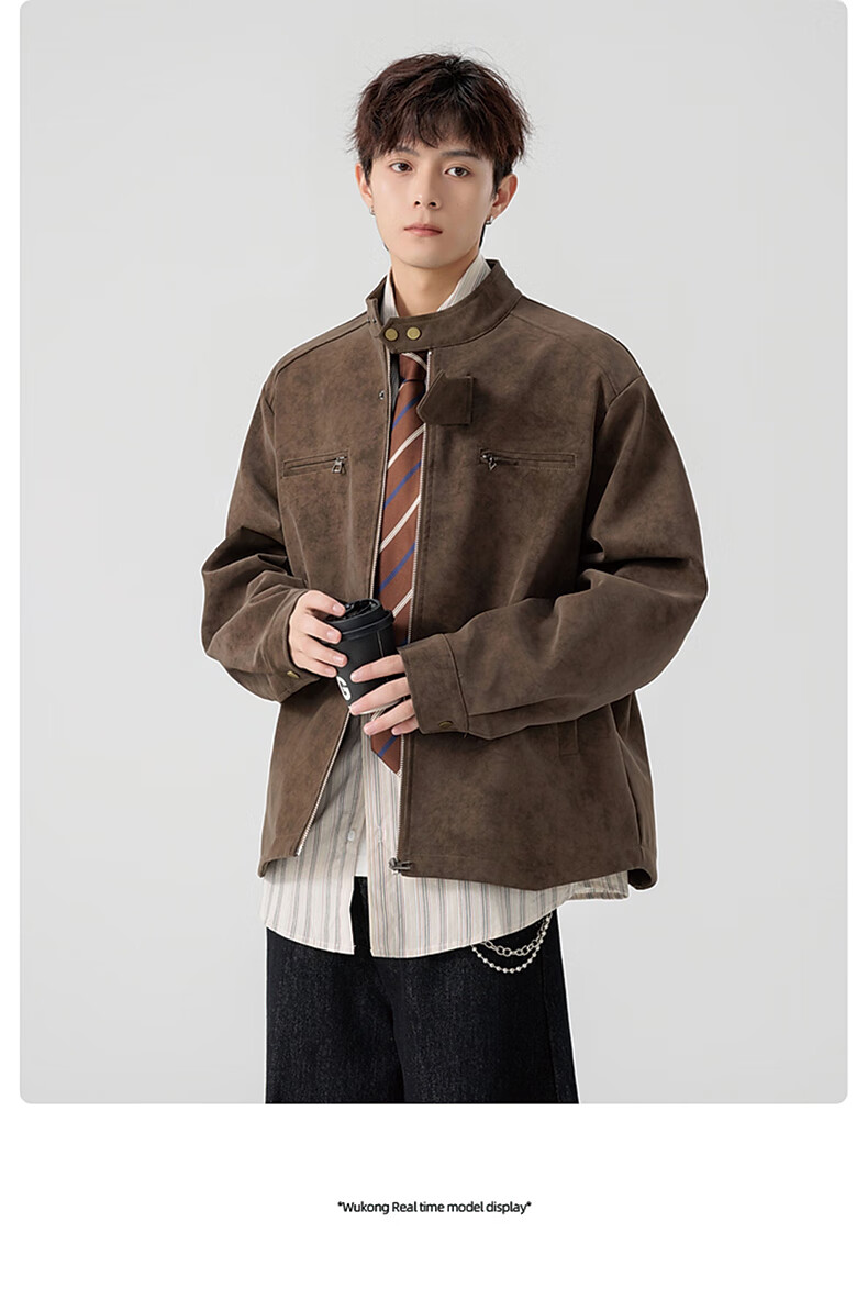 Foss Phil Men's Autumn Winter American Vintage Loose Casual Stand Collar Tie-Dye Leather Jacket J5238 Brown XL 14