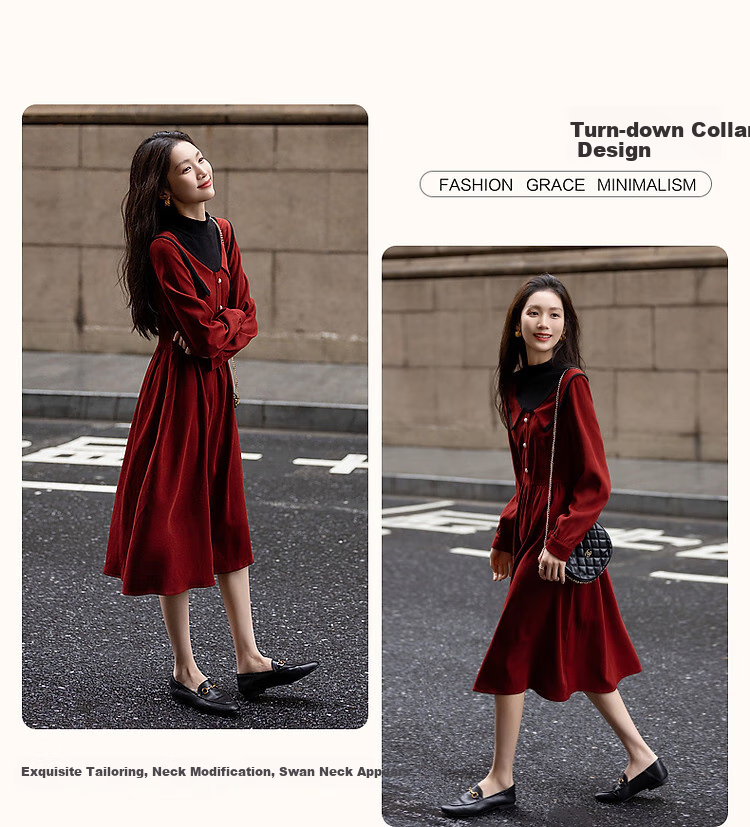 DME "Balman Rose" Spring and Autumn Design Commuter Half High Neck Petite Pearl Button Waist Slimming Women's Dress 5