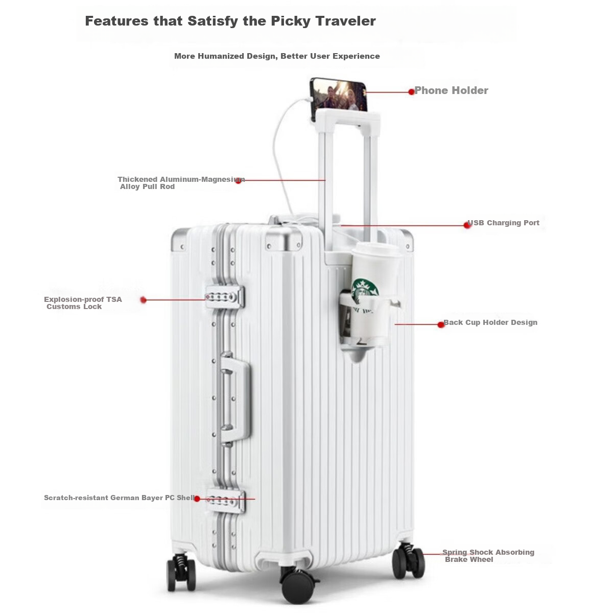 Dream Traveler Multifunctional Luggage Aluminum Frame Suitcase with Wheels, Travel Case for Men And Women, 26-Inch Matte White