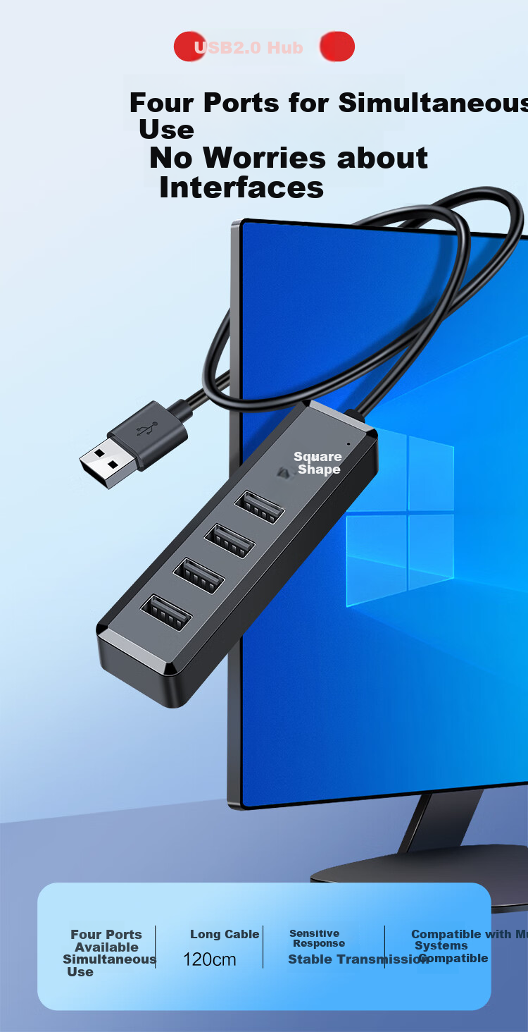 Chuanyu USB2.0 Four-In Hub, 4-Port Expansion Dock, Multi-Port Adapter for Laptops And Desktop Computers, Keyboard And Mouse Extension Cable, 120CM 2