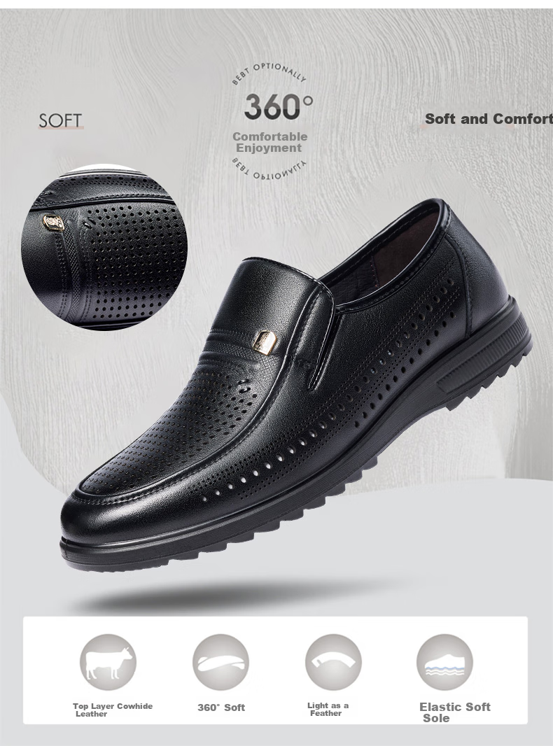 LAORENTOU Men's Leather Shoes, Business Casual Shoes, Top-Grain Leather Slip-Ons with Buckle Decoration, Wear-Resistant Breathable Sandals, Hollow Breathable Shoes, Perforated Shoes LL13203 Black Size 38 5