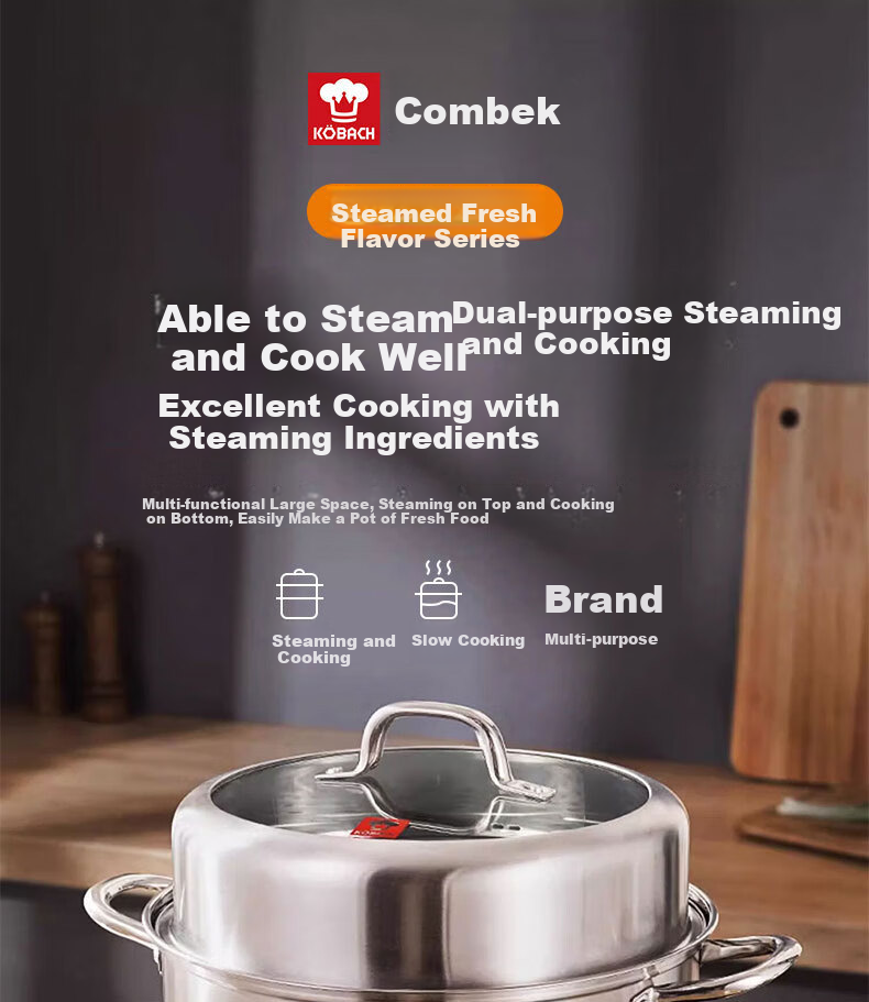 KBH Stainless Steel Steamer Pot, Large Capacity Composite Bottom Soup Pot, Dual-Use Steaming And Cooking Pot, Three-Layer High Lid, 30cm 1