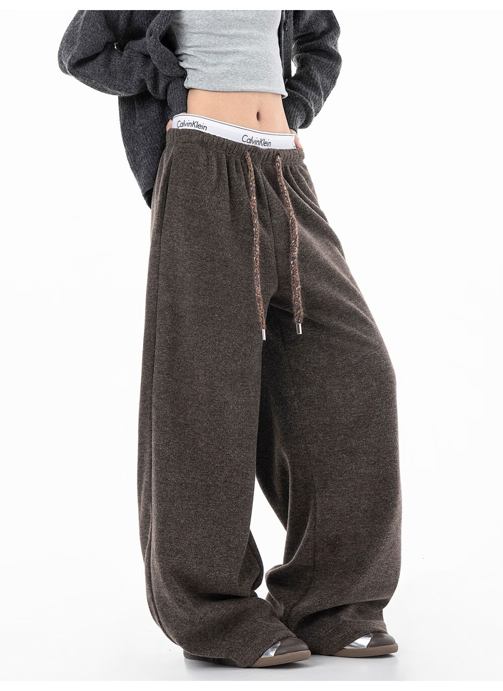 ICH MODE Women's American Style Fleece-Lined Casual Loose Fit Lazy Straight Wide-Leg Sports Pants Thickened Sweatpants Glutinous Rice Color XL 18