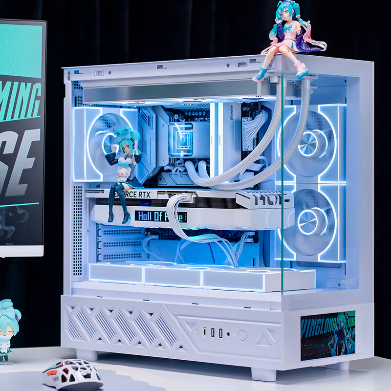 PADO Yinglong Cangming Display Version, White, ATX Gaming Desktop Case / Supports 360mm Water Cooling / Includes 6-Inch LCD Secondary Screen / 270° Panoramic View / 5090 Graphics Card