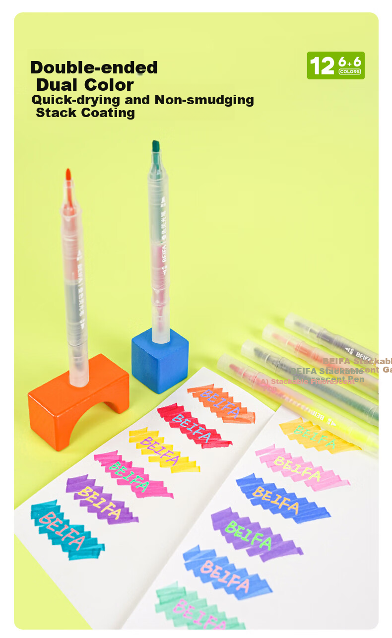 BEIFA Dual-Head Layered Highlighter Pen, Marking And Emphasis without Bleeding Soft Tip Marker Pen, High-Value Handwritten Journal Pen, Breaking Dawn Thrill [Back-To Essential] 6