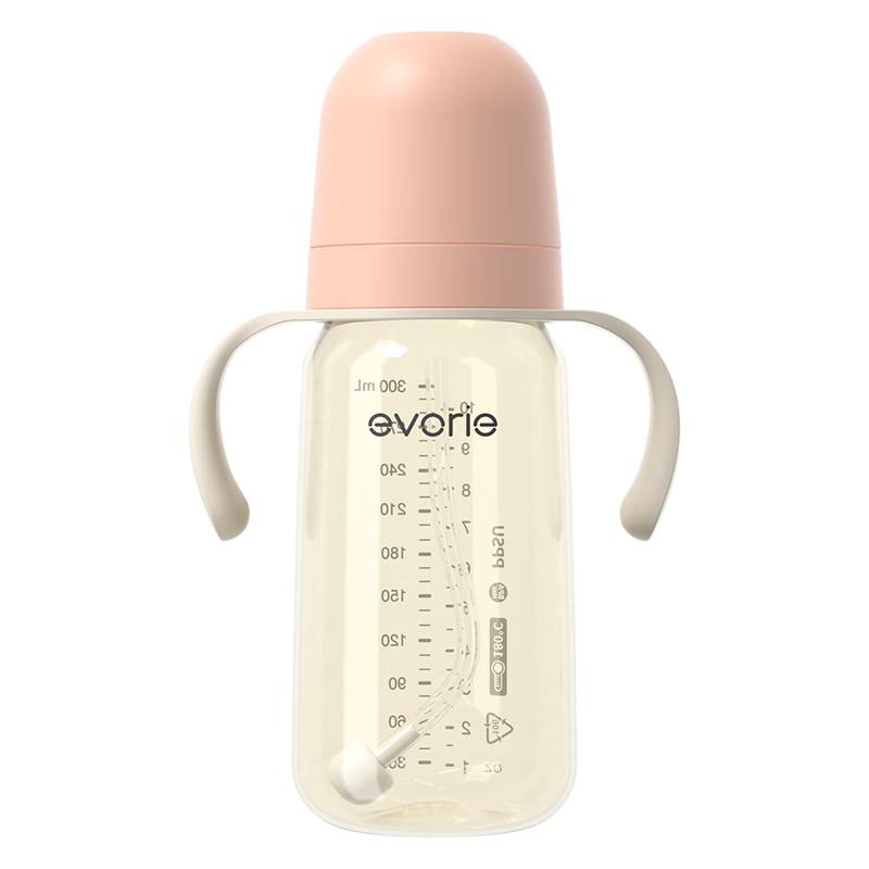 Evorie Exquisite Series PPSU Baby Bottle Wide Neck 300ml with Handle Smoke Pink Orange (9 Months+)