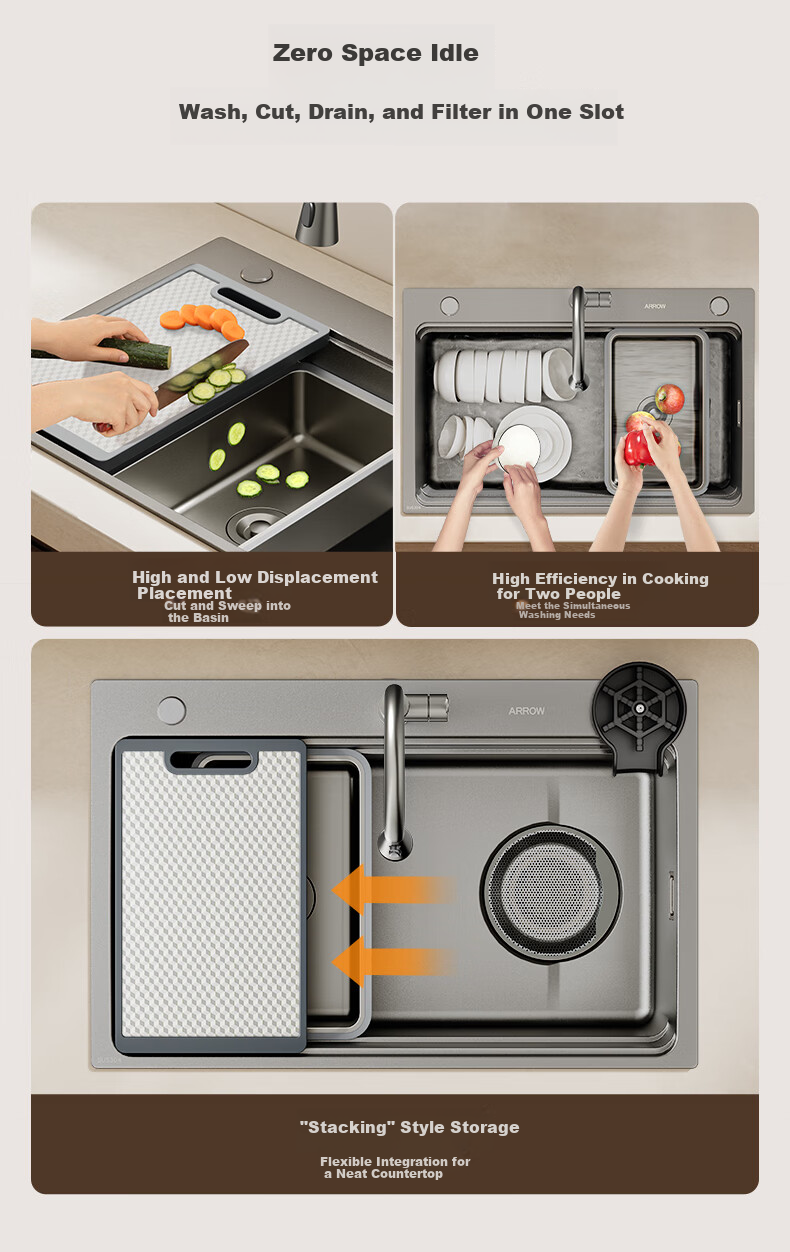 ARROW Kitchen Sink Gun Gray Nano Wide-Edge Large Single Bowl, Integrated Undermount Sink for Kitchen, Dishwashing And Vegetable Washing Table 12