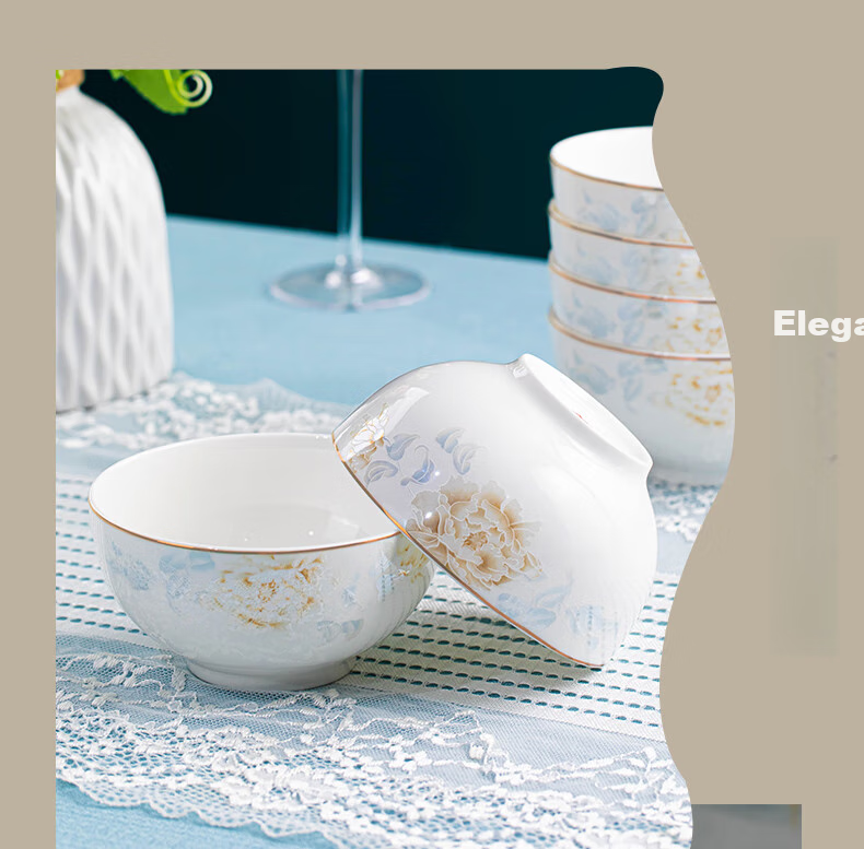 Yichen Jingdezhen Ceramic Tableware, 4.5-Inch Rice Bowl, Complete Set for Home Use, European Style Bowls And Plates, Golden Branches And Jade Leaves 5