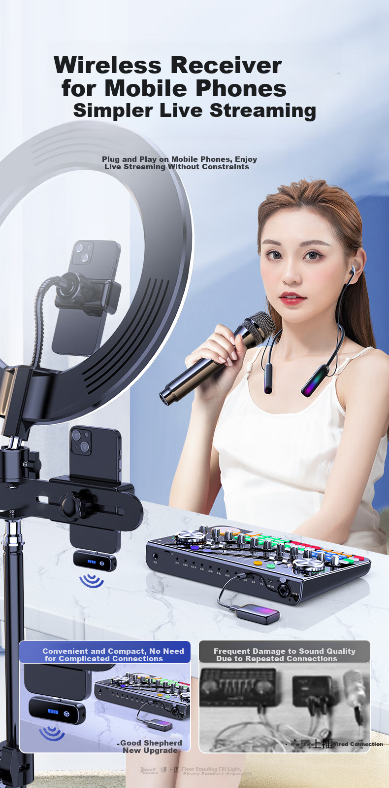 Haomuren Sound Card Live Streaming Equipment Complete Set All-In Machine for TikTok Singers, Recording, Mobile Phone-Specific Computer Professional External Mixer with Wireless Microphone for Karaoke 4