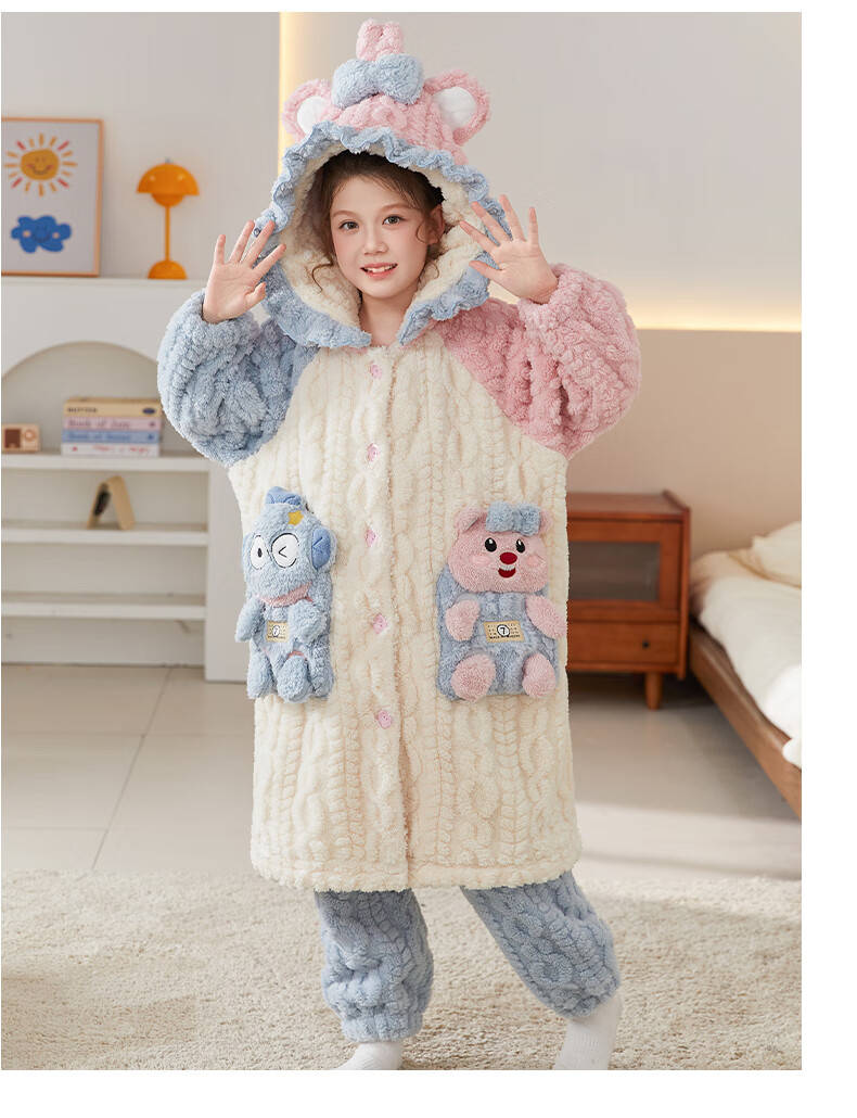 MiiOW Coral Fleece Children's Bathrobe Autumn Winter Thickened Plush Cartoon Warm Homewear for Girls 2025 New Style 2