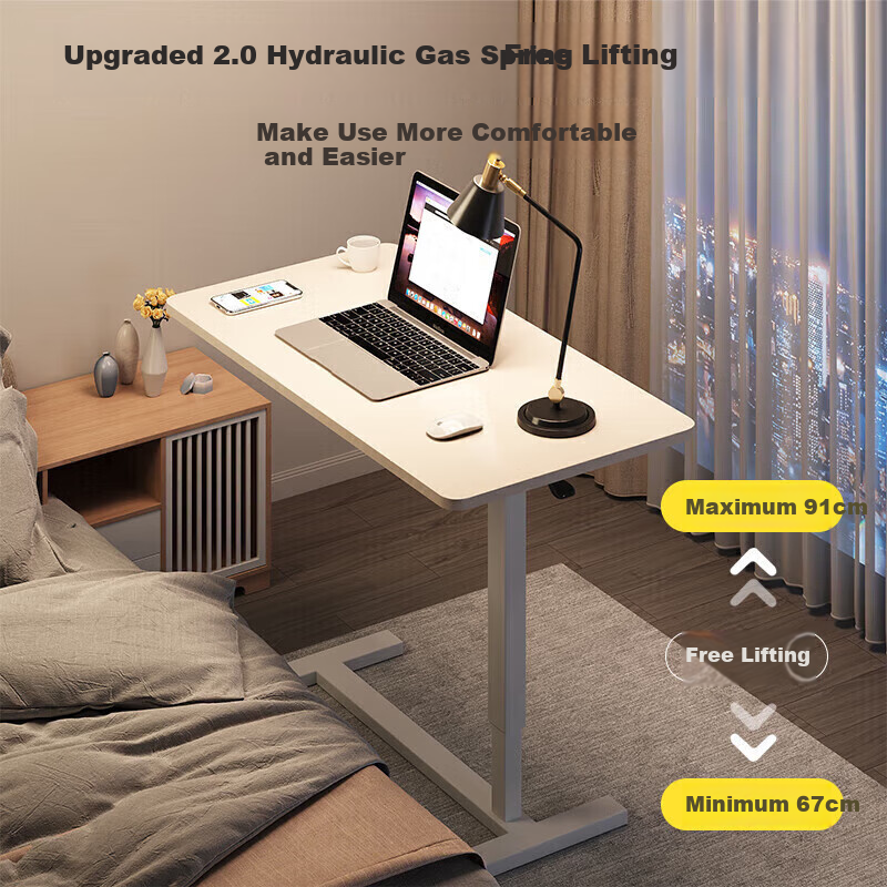 Qianxihuafu Pneumatic Height Adjustable Mobile Computer Desk, Bedside Table, Foldable Study Writing Desk, Living Room Side Table, Walnut