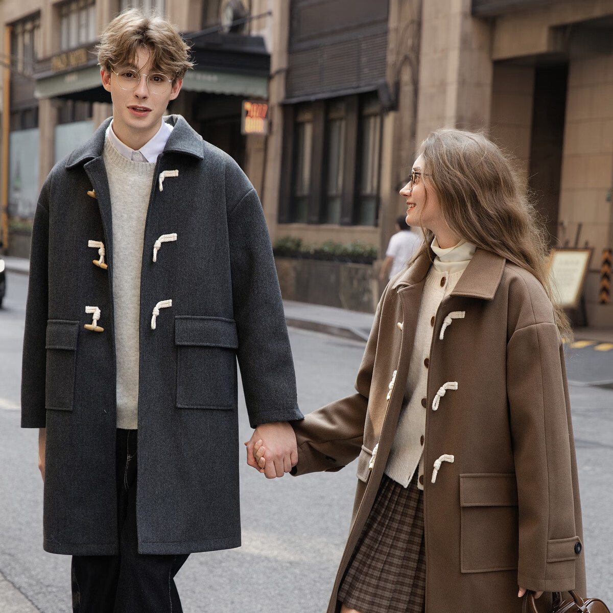TonLion 2025 Winter Couple Matching Size Mid-Length Woolen Coat with Lapel Collar