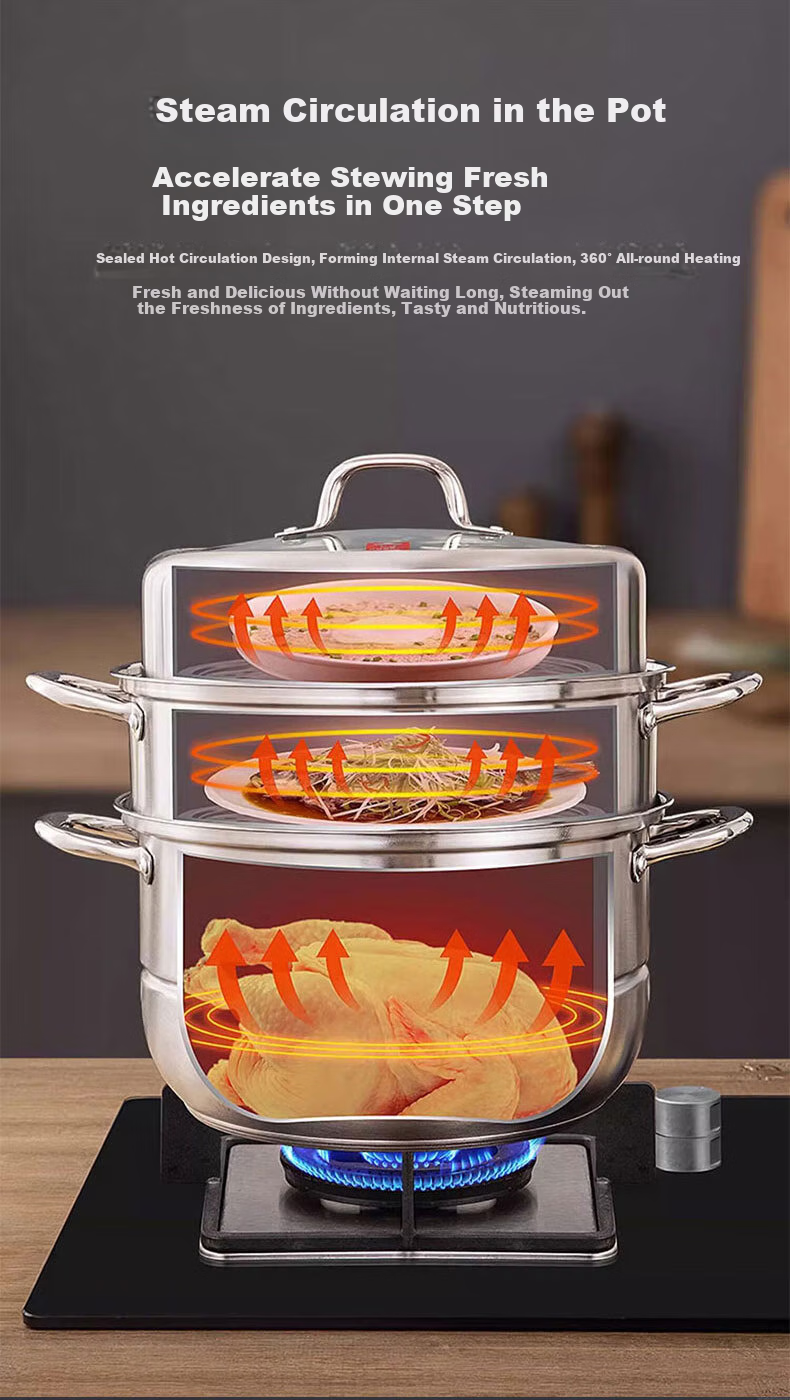 KBH Stainless Steel Steamer Pot, Large Capacity Composite Bottom Soup Pot, Dual-Use Steaming And Cooking Pot, Three-Layer High Lid, 30cm 3