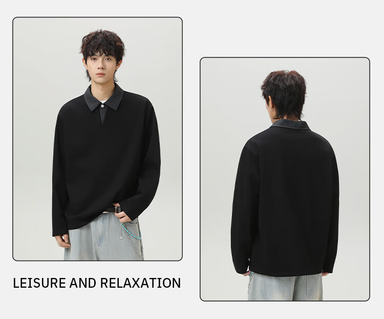Homlean American Style Two-Piece Collar Sweatshirt Men Autumn Winter Trendy Loose Casual Polo Shirt HX13 Black XL 4