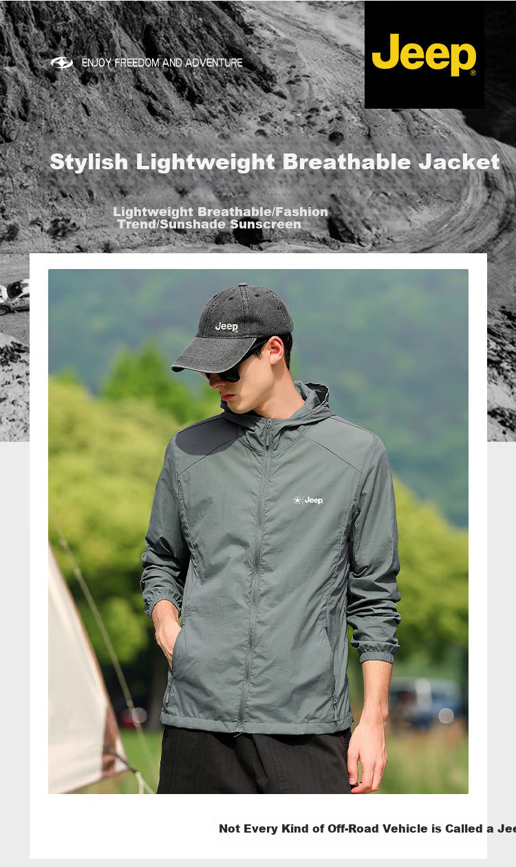 JEEP [Lightweight Sun Protection] Summer Breathable Skin Coat, Outdoor Casual UV Protection Jacket for Men, Misty Blue, Size M 1