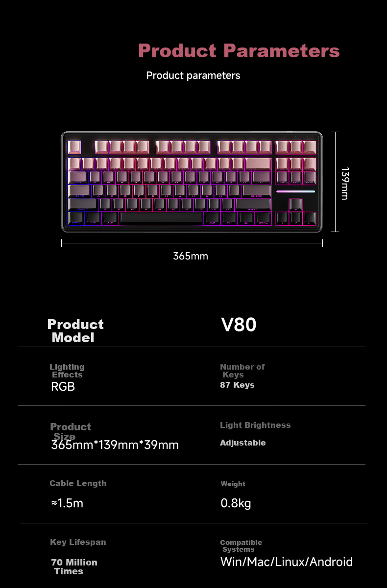 EWEADN V80 Wired Silent Keyboard with Real Mechanical Feel, High Aesthetic Value, Gradient Side Engraving, Portable 87-Key Layout for Women's Office, Laptop Gaming, E-Sports RGB Backlit Peripherals 7