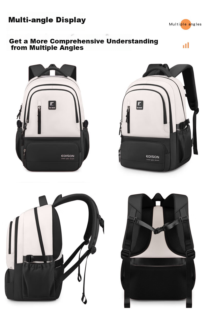 Edison Inventor Middle And High School Student Backpack Large Capacity for Middle And College Students, Lightweight Spine-Protecting Double Shoulder Bag K066-1 Black 17