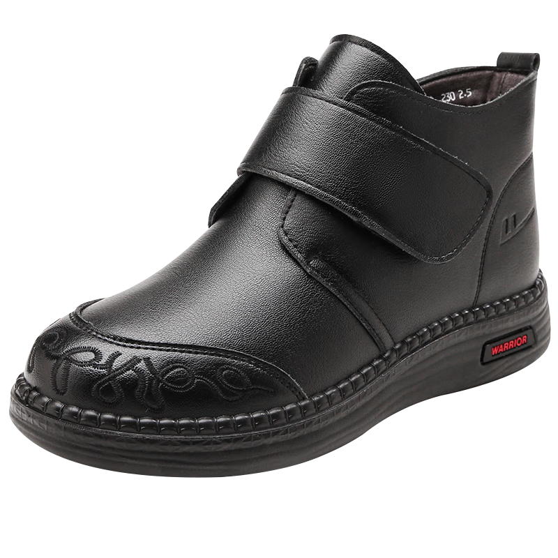 Warrior Mom Shoes Fleece-Lined Winter Cotton Shoes Elderly Non-Slip Warm Middle-Aged Women's Leather Short Boots 1760 Black Size 39