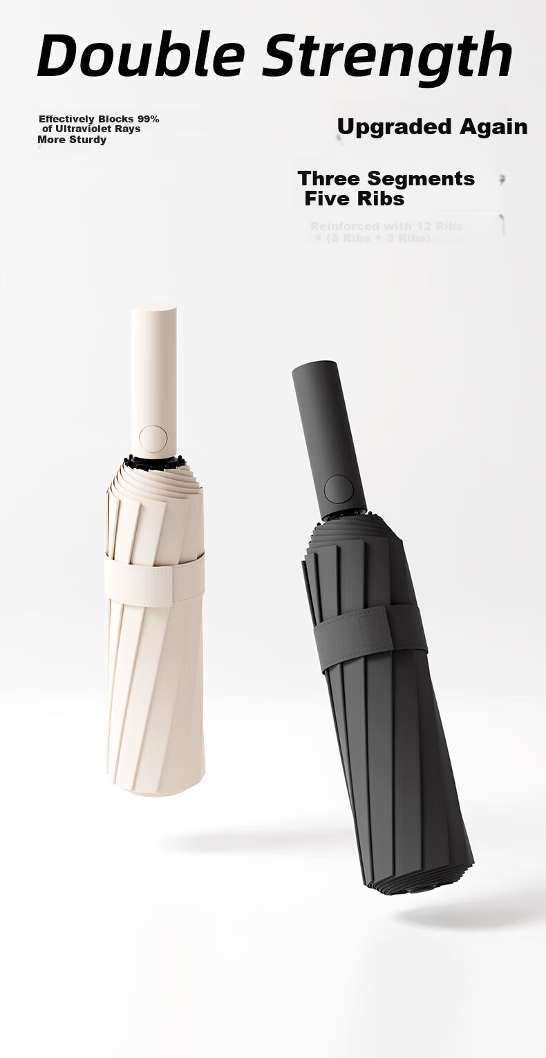 Maoli Fully Automatic Umbrella, One-Touch, Black Gel UPF50+, 72 Ribs Windproof, Reinforced, Radius of Canopy 48-53cm 2