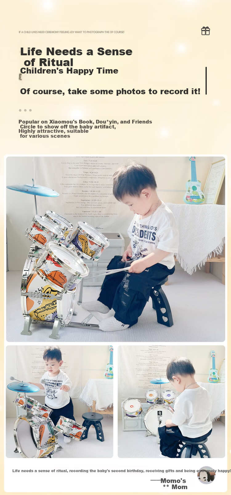 QIAO WA BAO BEI Boys' Gift, Children's Toy, Kids' Birthday Present for 2-Year Baby Girls, 3-Week Drum Set, Mid-Autumn Festival Gift 5