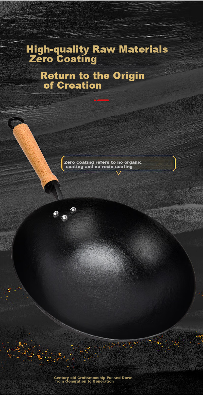Xialaoda Cast Iron Wok, Traditional Flat Bottom Iron Pan, Uncoated, Rust-Resistant, Suitable for Gas Stove, Versatile Cooking Pan, 36 6