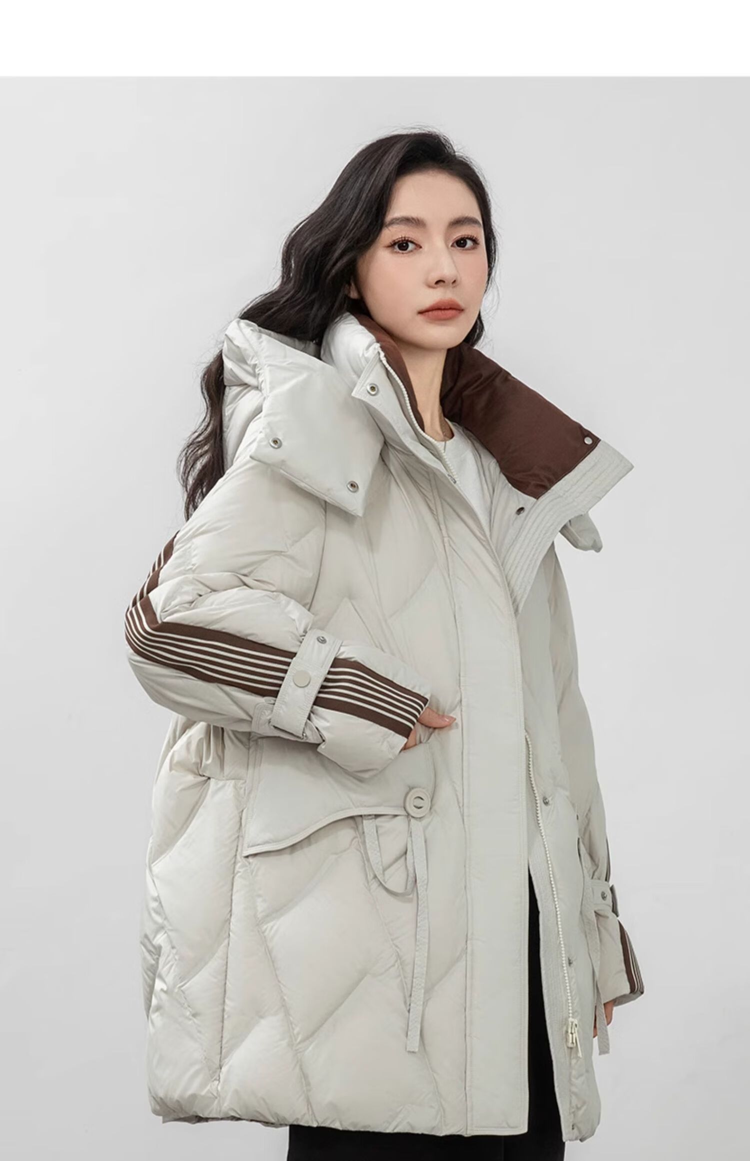 BLOOM FLOWERS Women's Down Jacket 2025 Winter Mid-Length Solid Color Striped Fashion Casual Hooded Warm Coat 16