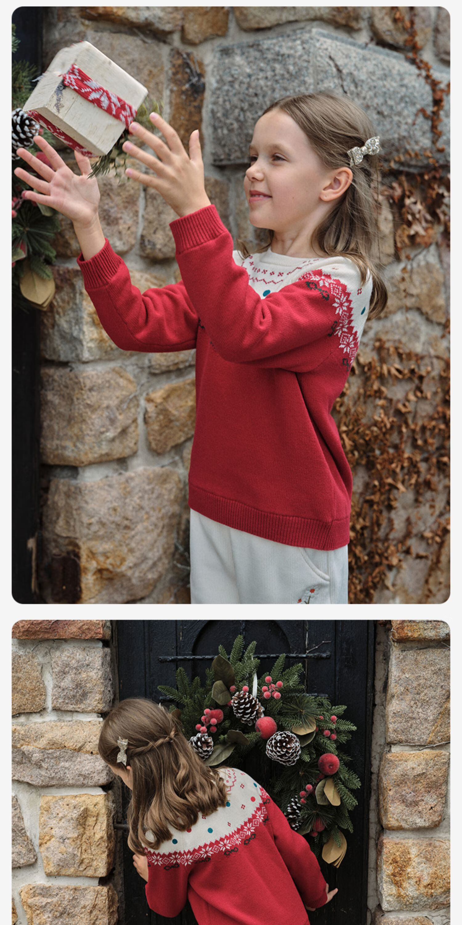 DAVE & BELLA Kids Pullover Sweater Winter Girls Red Christmas Knitted Fleece Lined Top 2