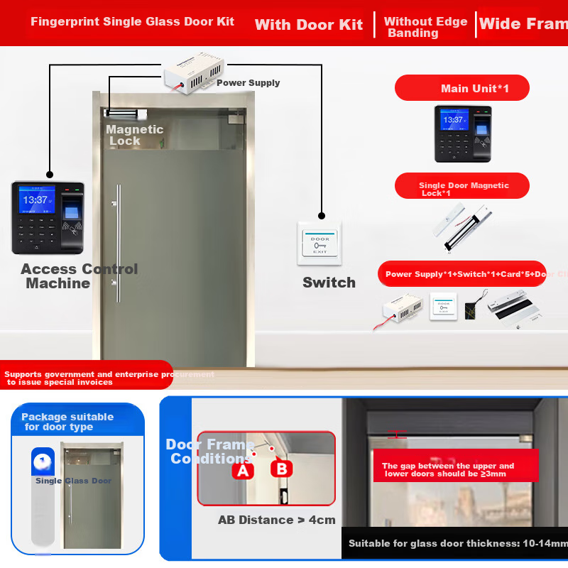 Youku Fingerprint Attendance Access Control System: Single Glass Door Magnetic Lock + Power Supply + Entry/Exit Switch Set, ID Card Reader Password Door Access All-In Machine