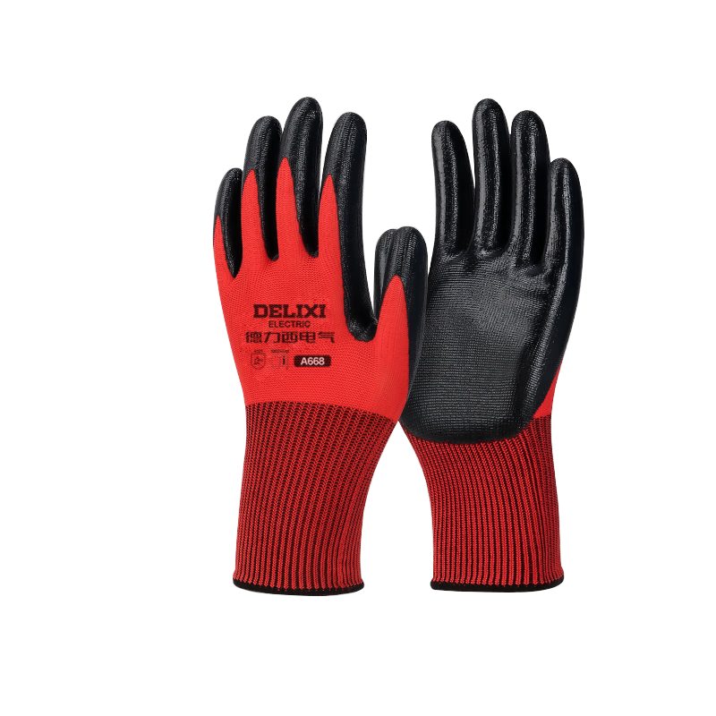 DELIXI ELECTRIC Premium Nitrile Work Gloves Anti-Slip Wear-Resistant Waterproof Oil-Resistant Coated Gloves [Full Coated Oil-Resistant Red Nitrile] 12 Pairs