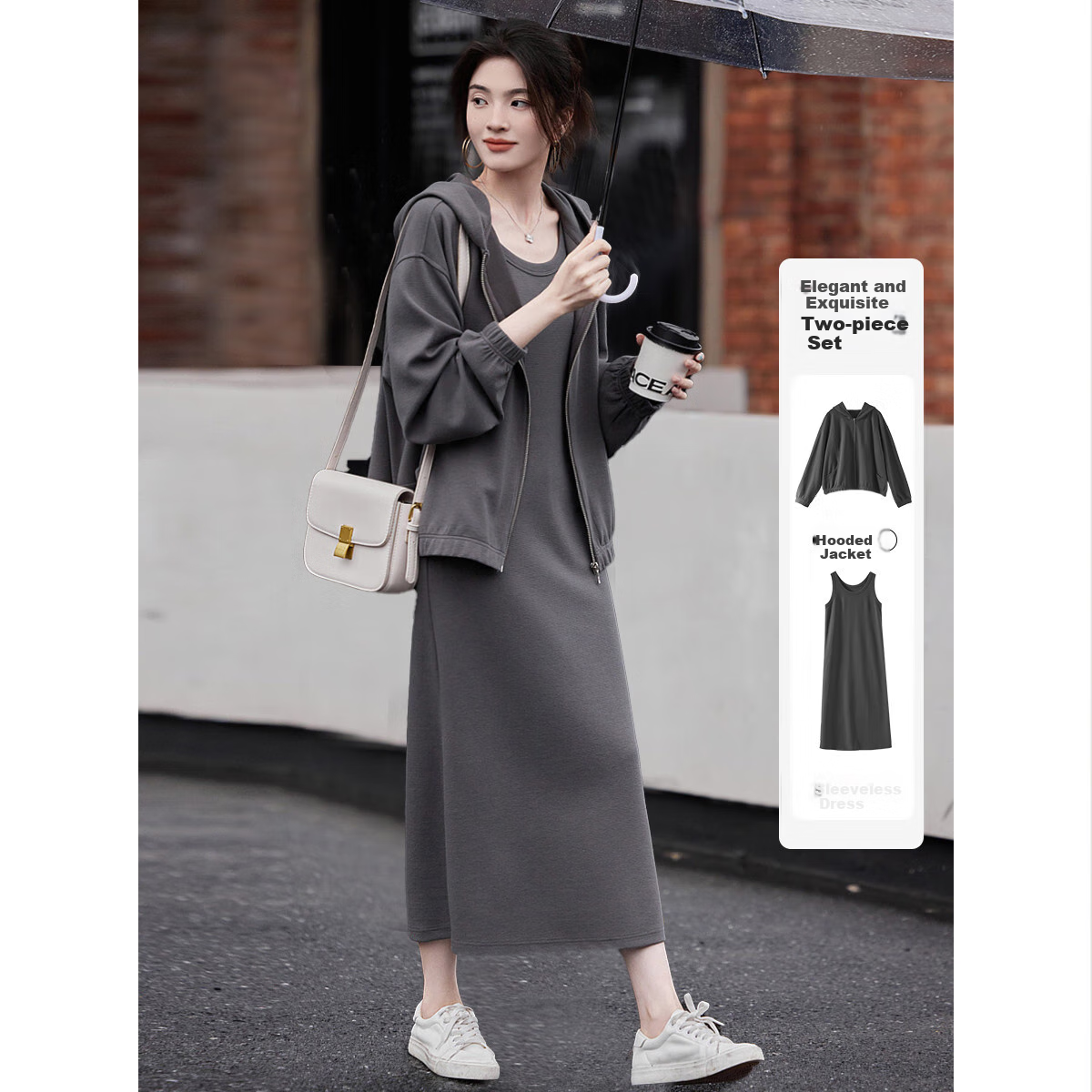 Dme [Laoqian Lazy Knit Set] Autumn Loose-Fitting Top U-Neck Vest Dress Two-Piece Set for Wome