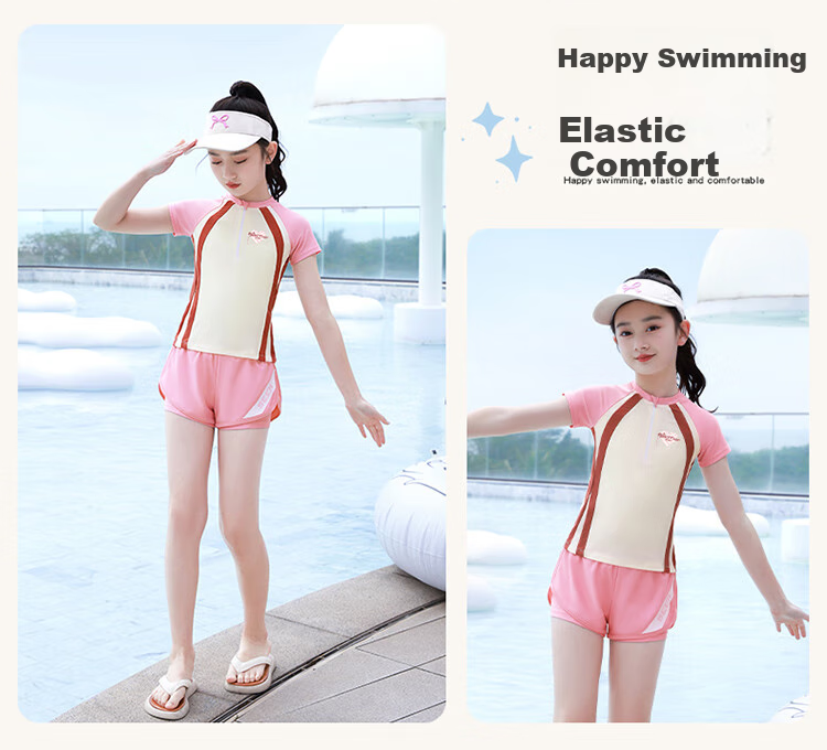 Huili Girls' Two-Piece Swimsuit, Sun Protection, Summer Swimwear for Older Children, Pink Set 35255, Size 120 8