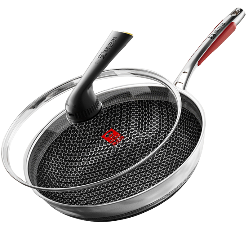 KBH Non-Stick Wok, 316L Stainless Steel Frying Pan, 32cm Double-Sided Honeycomb Flat Bottom, Compatible with Induction Cooker, with Steamer Insert