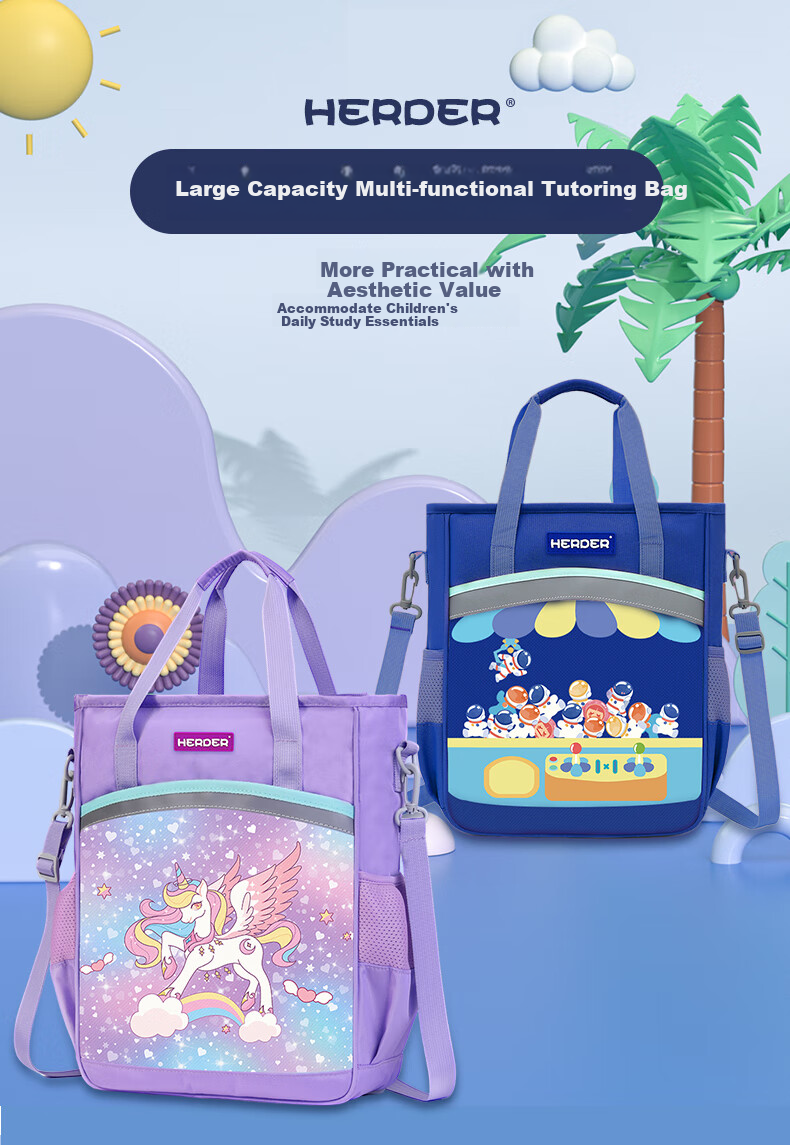 Herder Tutoring Bag Elementary School Backpack for Boys And Girls, Large Capacity Handbag for Children's After-School Classes And Art Supplies, Unicorn Purple 1