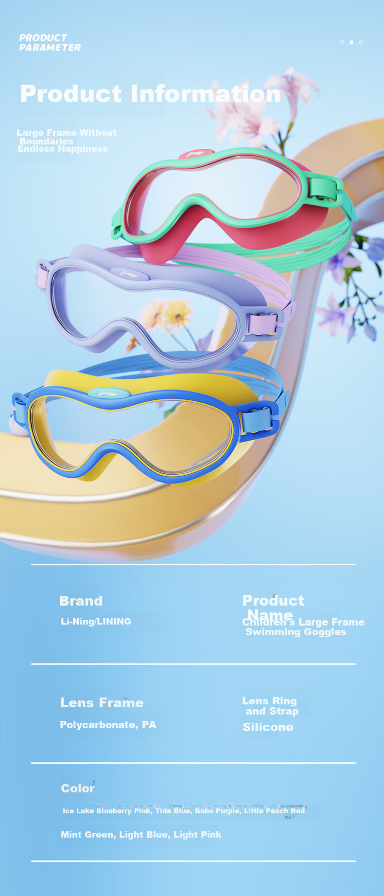 Li-Ning Children's Swimming Goggles for Boys And Girls, Waterproof Anti-Fog Swim Glasses, Kids' Diving Protective Goggles LSJR700-1 Ice Lake Blue 7
