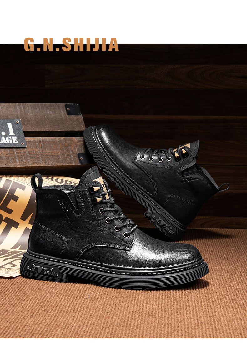 Bull Family Men's Autumn Winter New Retro British Martin Boots Fashion Versatile Work Boots Mid-High Lace-Up Leather Boots 4
