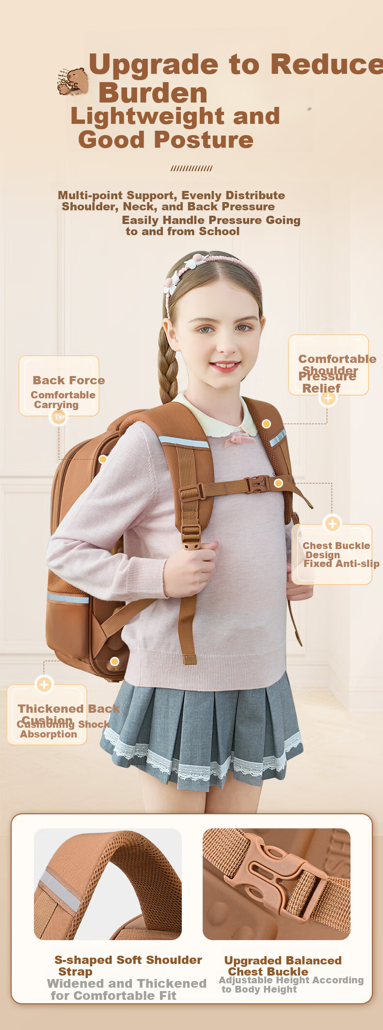 Dishuai Capibala Elementary School Backpack for Girls Grades 1-3 Lightweight Spine-Protecting Large Capacity Children's Backpack for Boys 6