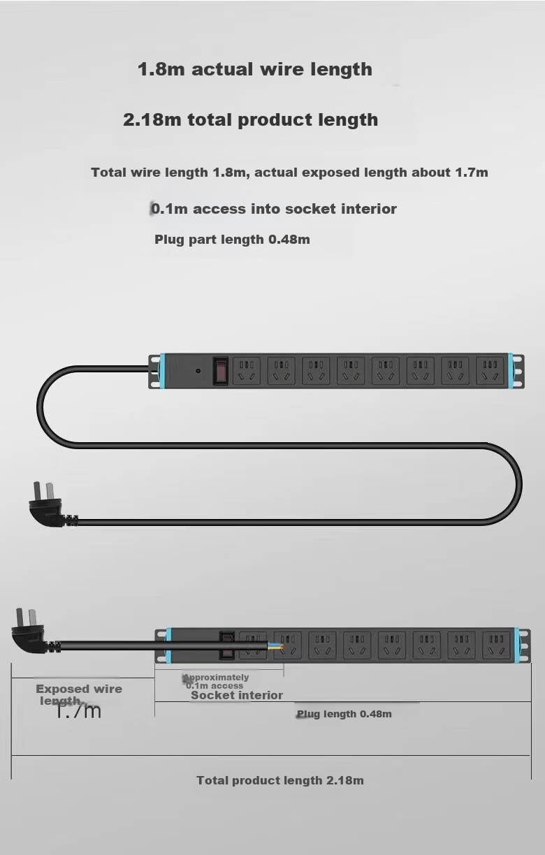 Kyfen PDU Desktop Gaming Cabinet Socket/power Strip/extension Cord, 10A 8-Outlet 1U 1C 1.5mm Cable Diameter with Dual Switches And Master Control, 1.6 Meters 2