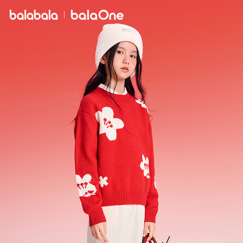 BALABALA Kids Sweater Girls Pullover 2025 Autumn Winter New Round Neck Drop Shoulder Jacquard Knitwear New Year Greeting Outfit