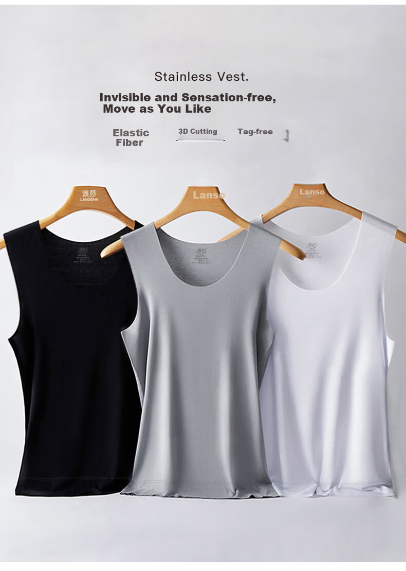 LangSha Ice Silk Tank Top for Men, 7A Grade Antibacterial, Summer Men's Seamless Thin Casual Sports Undershirt, Hurdle Style, 3-Piece Set 2