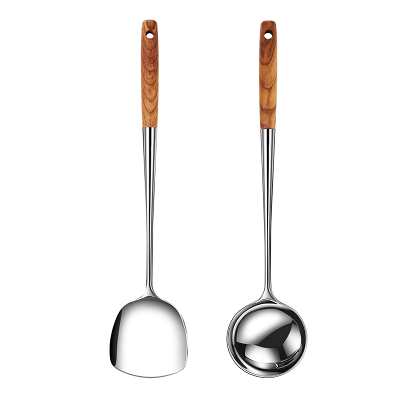 FISDDIS 316 Stainless Steel 2-Piece Cooking Spoon and Spatula Set, Long Handle Frying Spatula, Soup Ladle, Stir Fry Spoon