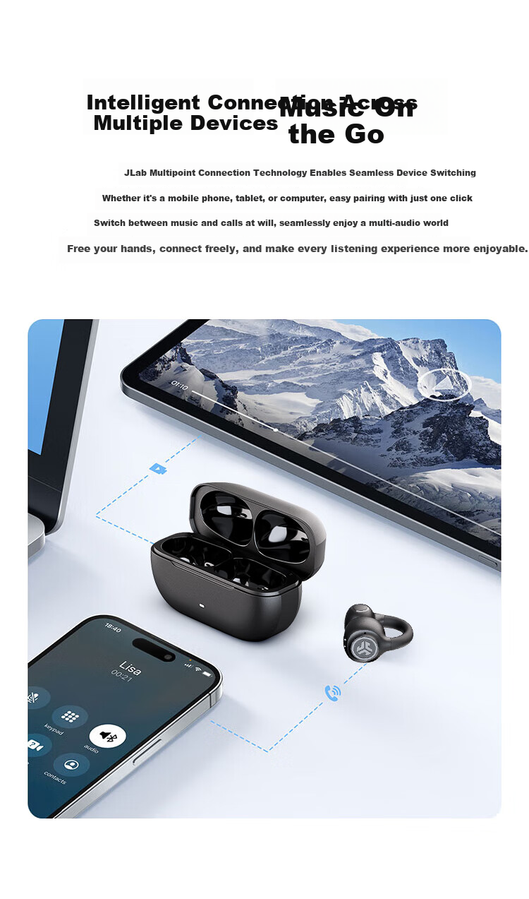JLab Flex Ear Clip Headphones, Bone Conduction Concept Non-In Open Wireless Bluetooth Headphones, Gaming Music Sports Earphones, Comfortable Wear/long Battery Life, Wilderness Gree 4