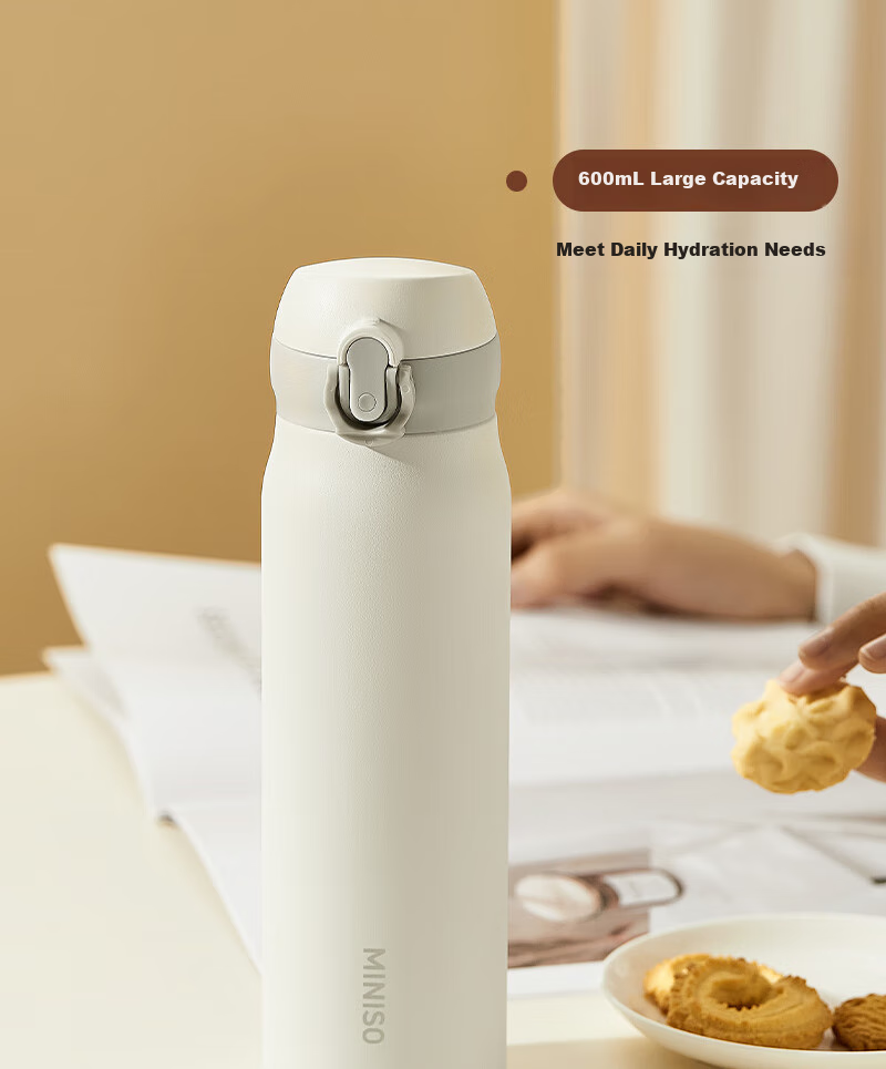MINISO 316L Stainless Steel Insulated Water Bottle, High-Quality Straw Dual Drinking Cup for Men, Women, and Students, Ivory White, 345ml 9