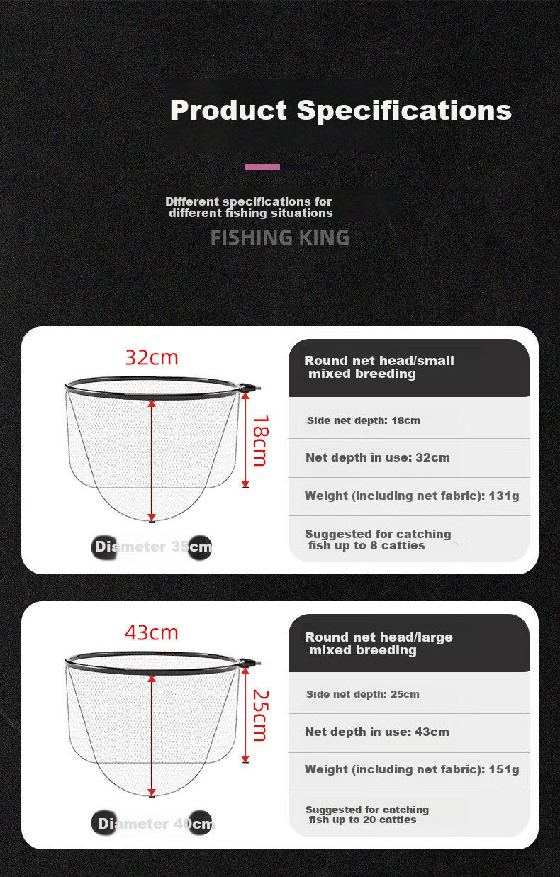Diaoyuwang Fishing Net Head Anti-Snag Hook Set, Lightweight Net Head, Fishing Net Bag, Fish Catching Net, Fishing Tackle, Round Shape, 40CM 17