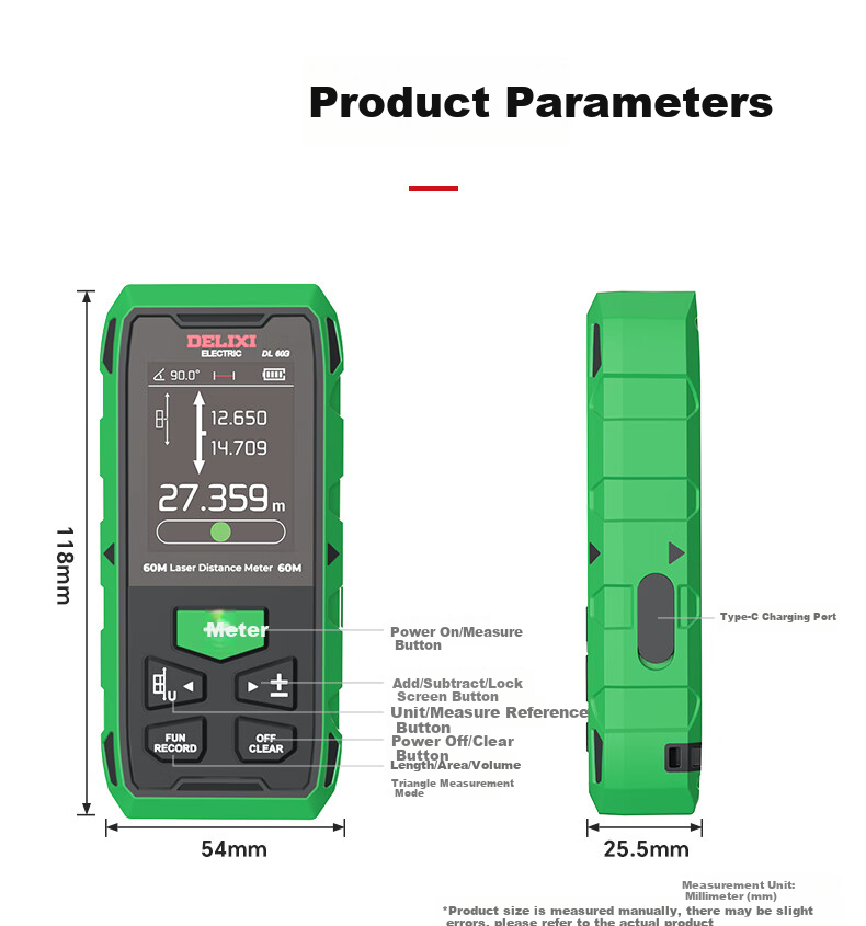 DELIXI ELECTRIC Green Light Laser Distance Meter Cross Line Tape Measure 3-in-1 High Precision Multifunction Electronic Ruler Lithium Battery Version 100m 16