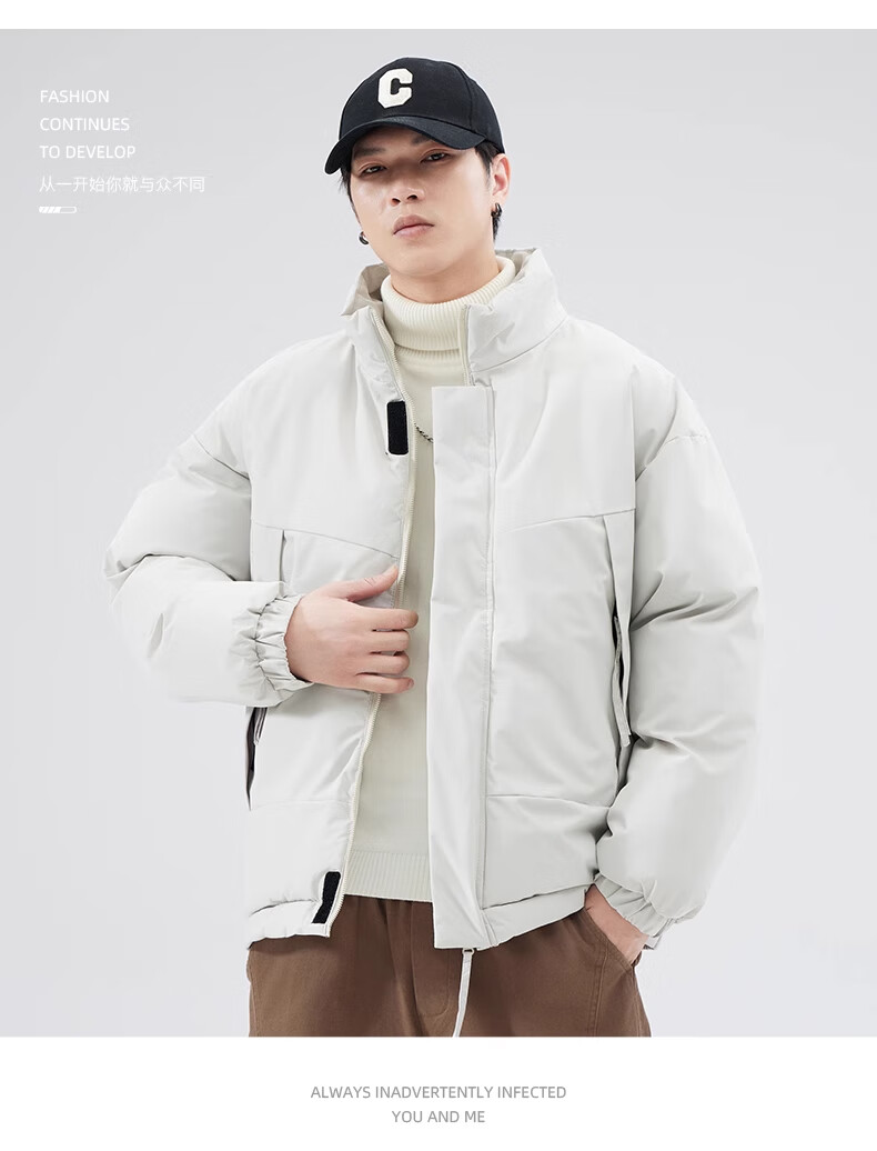 Cotton Casual Men's Winter Solid Color Stand Collar Cotton Jacket Warm Cotton Padded Coat Black 2XL 6