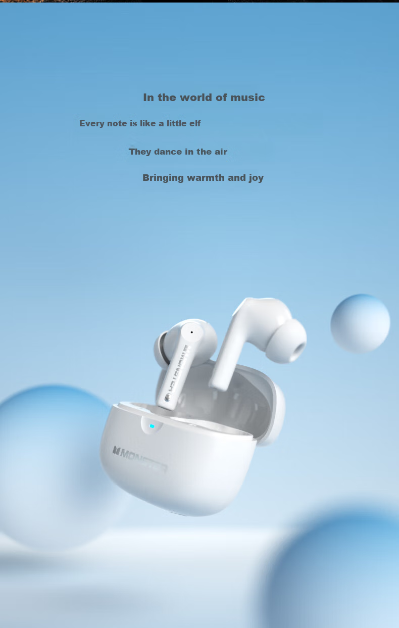 Monster In-Ear True Wireless Bluetooth Earphones, Wireless Sports Gaming Headset, Call Noise Reduction, Bluetooth 5.4, Compatible with Apple And Huawei Phones GT16 White 2
