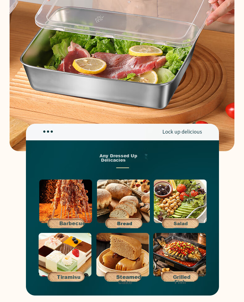 BJ 304 Extra Thick Stainless Steel Rectangular Tray, Serving Tray, Street Vending Tray, Cold Dish Tray, Barbecue Plate, Large Food Storage Container with Lid, Set of 3 10