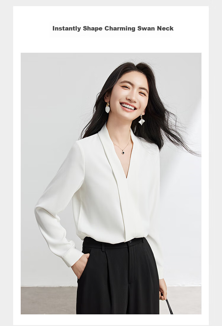 Bodexiaojie White V-Neck Blouse, Professional Women's Suit Inner Wear, Formal Attire for Interviews And Daily Commuting, Chiffon Shirt, Size L 2